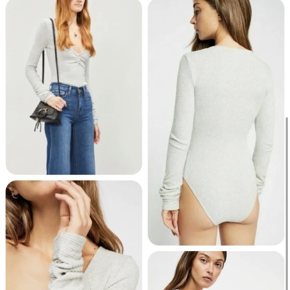 Free People OB878253 Pebble Gray Cozy Up With Me Bodysuit, S - Picture 2 of 8